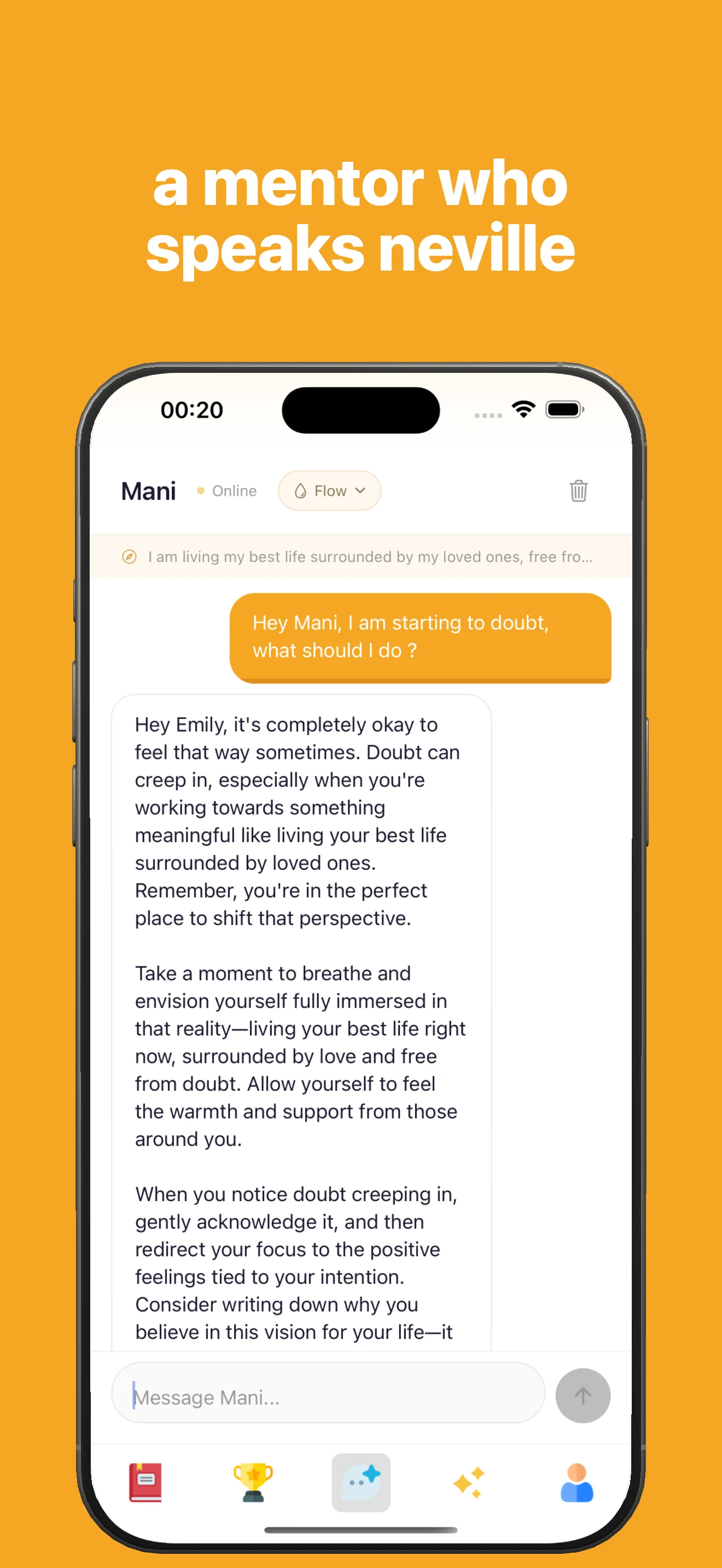 Mani app AI manifestation mentor guidance screen